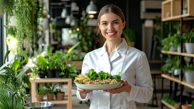 Here's the requested content: Smiling Woman Doctor Holds Healthy Salad Bowl Indoors Surrounded By Plants In Daytime