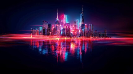 Futuristic City Skyline with Holographic Data Streams, illuminated building edges and streets, vibrant neon colors, dynamic and engaging atmosphere, modern urban landscape