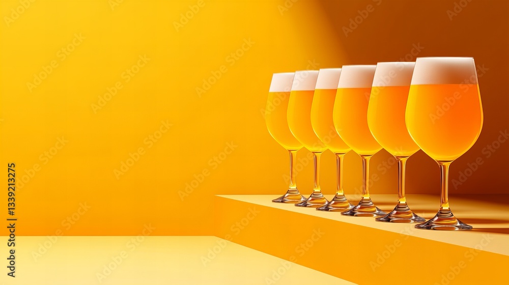 Aufkleber six identical glasses filled with beer stand side by side on a stepped platform against a solid yell