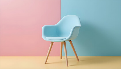 Stylish light blue chair against a vibrant color backdrop.