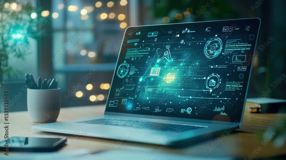 Aufkleber modern laptop displaying digital data and technology interface