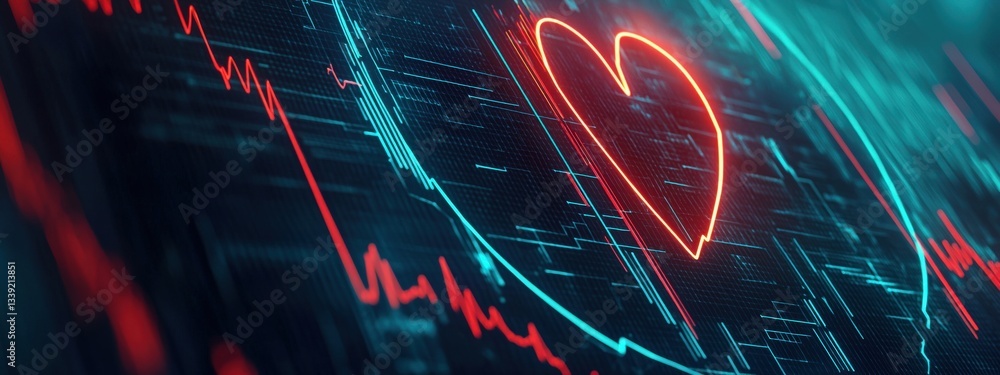 Poster digital heartbeat visualization with neon heart and waveform display