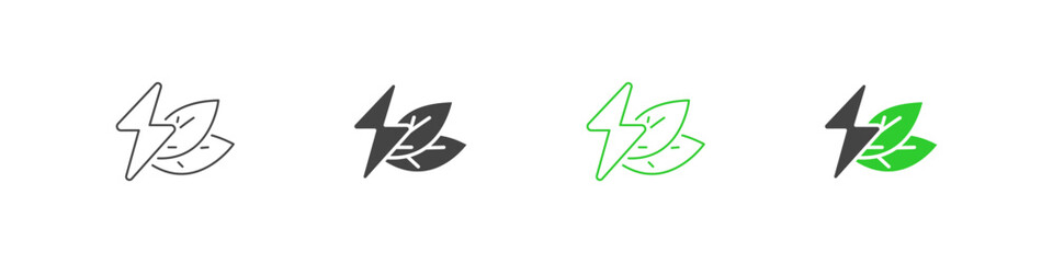 Lightning bolt with leaves vector outline and flat icons. Eco-friendly charging symbol.