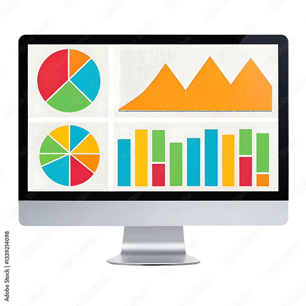 Poster colorful data charts and graphs on a computer screen.