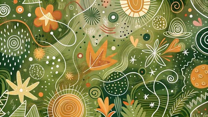 Vibrant abstract design with organic doodle shapes and patterns in green and orange tones