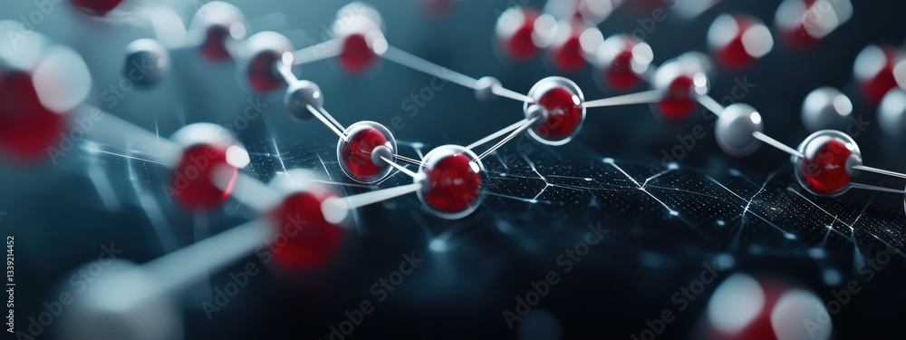 Poster abstract representation of molecular structure with red and white atoms