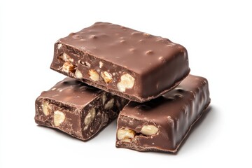 Chocolate bars made with nuts stacked neatly on a white background ready for enjoyment
