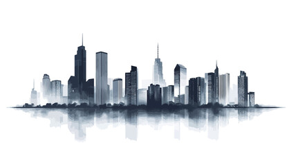 Obraz premium A stylized monochrome illustration depicting a cityscape skyline. The image features a series of varying height buildings rendered in shades of dark gray and black against a white background. A
