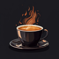 cup of coffee with steam on black  background