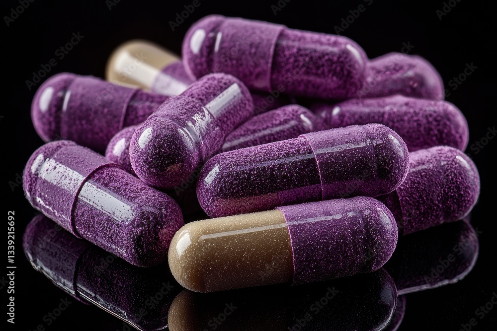Aufkleber close-up view of purple and brown capsules arranged on a reflective surface in a laboratory setting