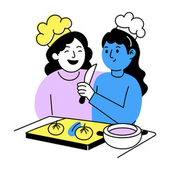 Friends cooking together in kitchen, hand drawn illustration
