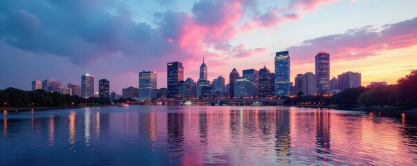 Obraz premium Sweeping Charles River panorama, Boston skyline backdrop, landscape, architecture
