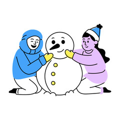 Hand drawn illustration of two friends making snowman in winters