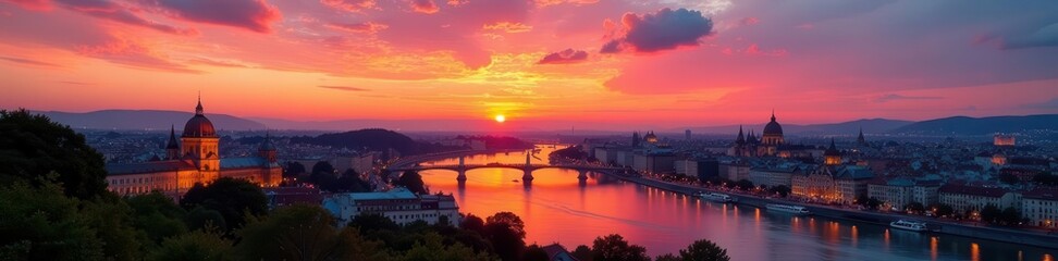 Naklejka premium Budapest sunset panorama, vibrant colors, cityscape, scenic, purple, panorama