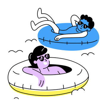 Hand drawn illustration depicting friends enjoying pool float