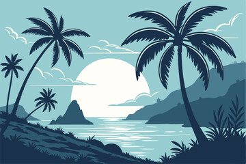 idyllic island landscape with coconut palms, gentle waves lapping at the shore, and majestic peaks in the background

