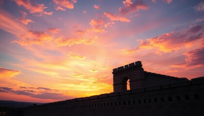 Obraz premium Ancient wall silhouetted against vibrant sunset sky, sunset, rays