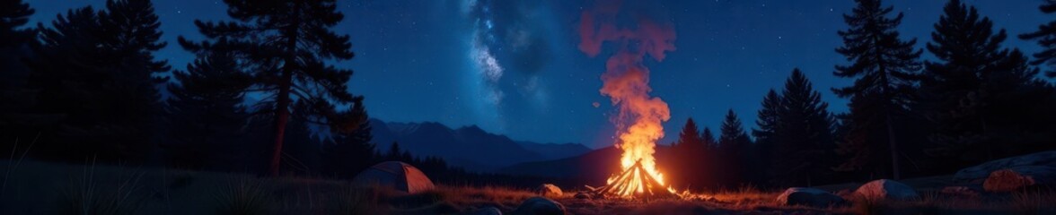 Fototapeta premium Campfire smoke curls amidst towering pines, starry night sky, twilight, embers