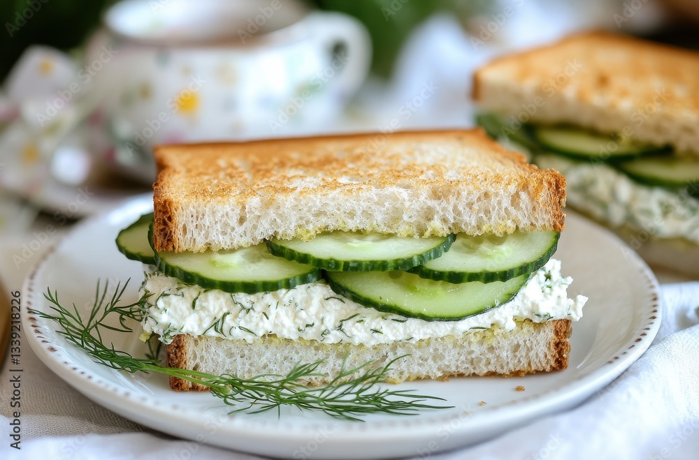 Poster freshly made cucumber sandwich on toasted bread with creamy spread and garnish on a simple plate sur