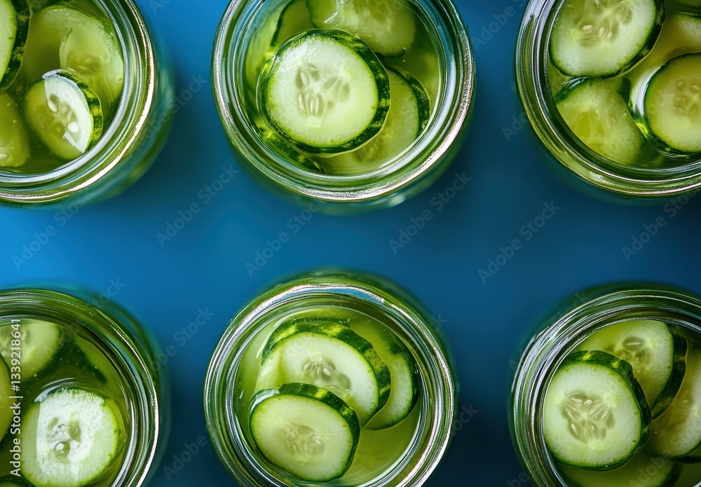 Poster freshly pickled cucumber slices in glass jars on blue background with a top-down view showcasing vib