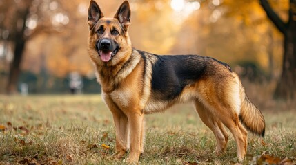 Fototapeta premium A loyal German Shepherd standing alert in a scenic park, intense gaze and crisp realistic detail