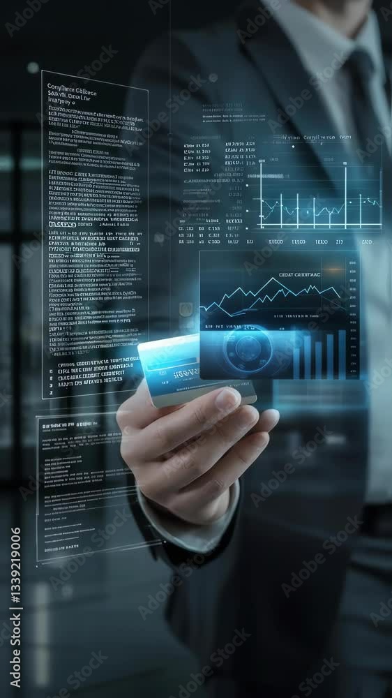 Poster a professional holding a digital interface displaying financial data and statistics alongside a cred