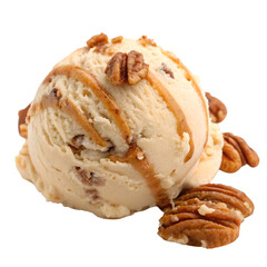 Pecan caramel ice cream scoop isolated on transparent background