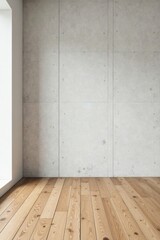 Naklejka premium Modern minimalist interior design featuring light wood flooring and a textured concrete wall showcasing a clean and spacious room