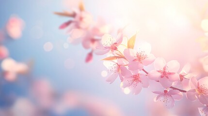 Fototapeta premium Blossoming cherry blossom branches, soft pink petals against a serene blue sky, perfect for spring-themed designs and backgrounds.