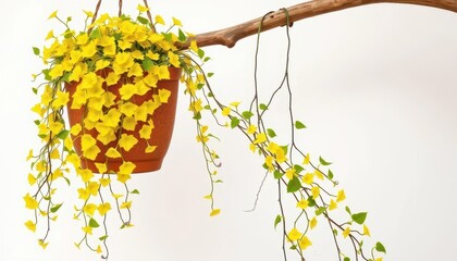 Lush yellow foliage spills from a hanging pot, delicate vines trailing down a rustic branch, vines,  natural
