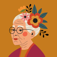 Vector illustration with old woman with flowers in hair. Romantic beauty self-care print design, active healthy lifestyle concept art with people and flowers. Greeting card template