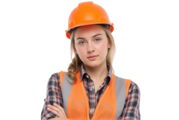 Young Female Construction Worker in Safety Gear and Hard Hat