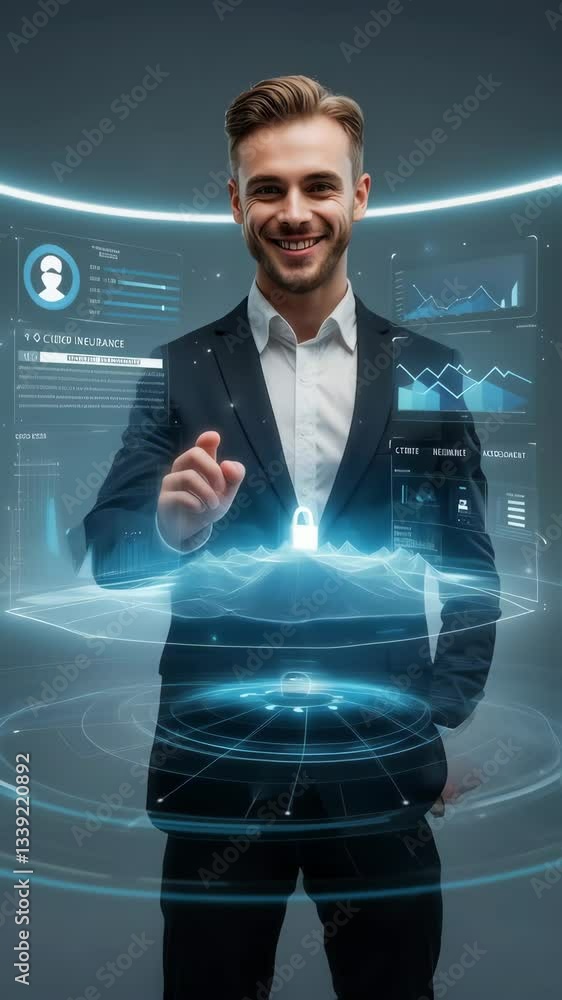 Poster a confident businessman interacts with a virtual holographic interface featuring graphs and security