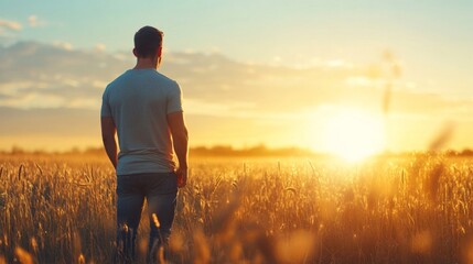 A man stands in a golden field, observing the sun setting on the horizon. The warm light highlights the modern agricultural landscape, symbolizing the blend of tradition and innovation in farming.
