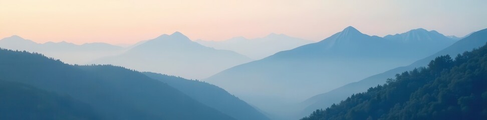 Fototapeta premium Misty peaks shrouded in soft fog, ethereal light , sunset, image
