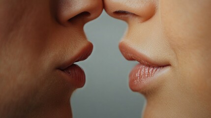 Obraz premium Intimate moment of couple, close-up of lips about to kiss, warm tones creating a romantic atmosphere, perfect for love themes.