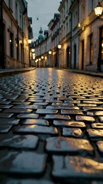 Wet cobblestone street at dusk reflecting warm streetlights in a quiet historic city