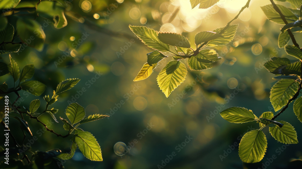 Poster lush green leaves illuminated by sunlight create serene atmosphere in nature. soft bokeh effect enha