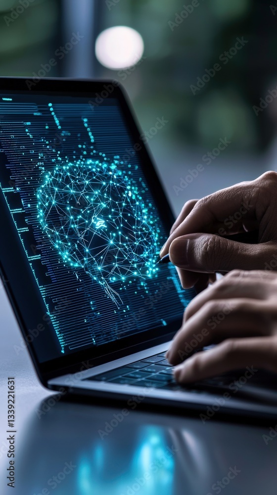 Poster digital brain visualization on laptop screen with hands using pen