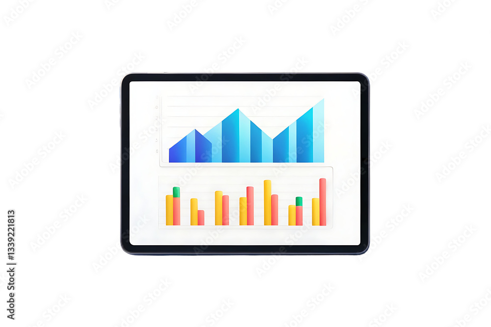 Poster tablet displaying business graphs and charts.