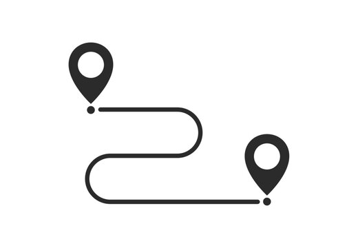 Route tracking icon. Path location icon, two pin signs and road line, path start and end symbol. Concept of travel map navigation, destination point, GPS tracking. Vector Illustration.