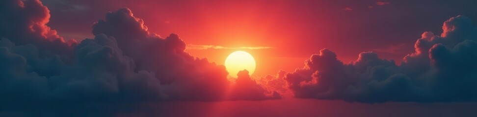 Fiery sunset obscured by thick, dramatic clouds, weather, horizon, red