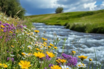 Obraz premium A wildflower meadow next to a flowing river.