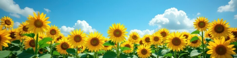 Golden sunflowers bloom under a vibrant blue sky ,  sunny,  yellow,  idyllic