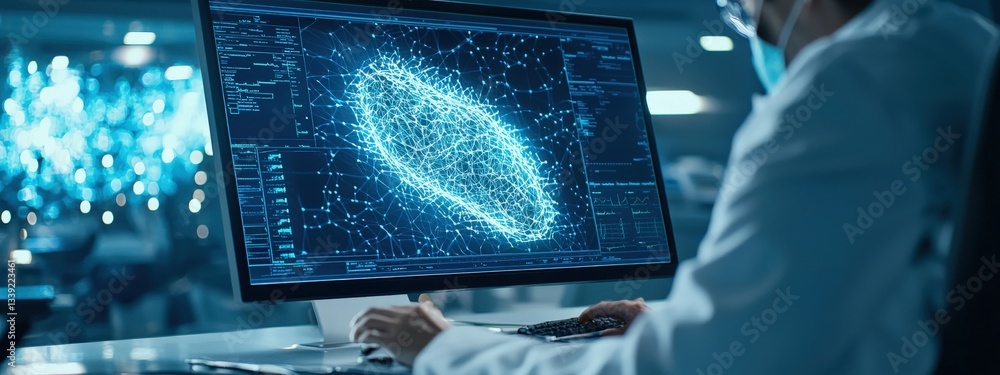 Poster scientist analyzing data on digital screen in advanced lab environment
