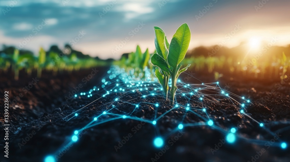 Poster Emerging technologies are applied in agricultural fields to optimize crop selection. Young plants thrive in rich soil while digital networks illustrate modern farming innovations at sunset.