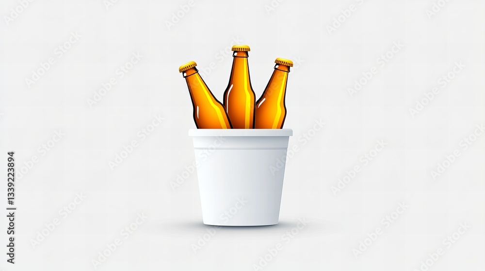 Poster three beer bottles sit nestled inside a white plastic bucket, presented against a plain background w