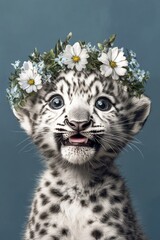 Obraz premium Cute baby animal snow leopard wearing free flower crown on its head - symbol of sunny summertime. Isolated blue background, copy space, promotion idea visual design.