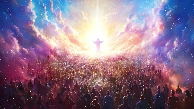 Huge Community Stands In Front Of Jesus In Heaven