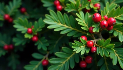 Obraz premium Close-up of lush green branches with scattered red berries, holiday setting , photography, natural, christmas background